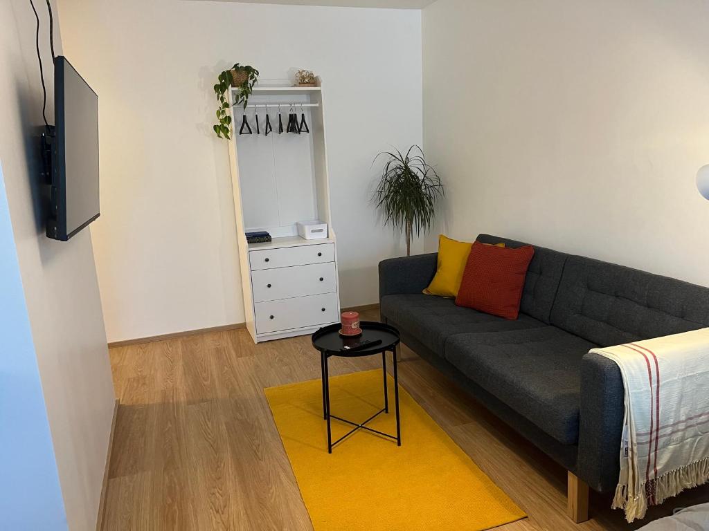 拉赫蒂Cosy apartment in the heart of Lahti, free parking的客厅配有沙发和桌子