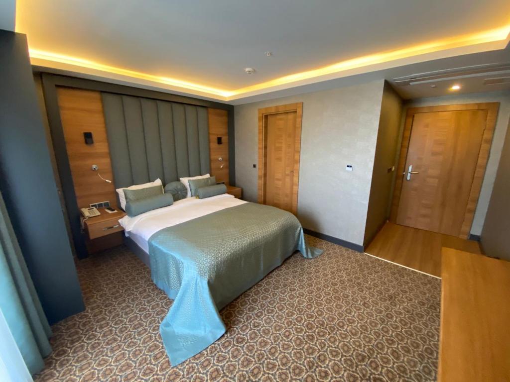 伯萨绿色布鲁萨酒店的一间卧室,卧室内配有一张大床