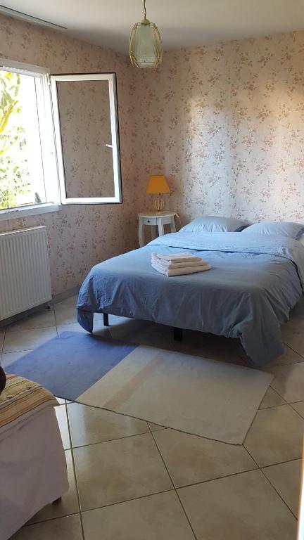 圣埃尔布兰Chambre et sdb privées avec accès indépendant et autonome的一间卧室配有一张带蓝色毯子的床和窗户。