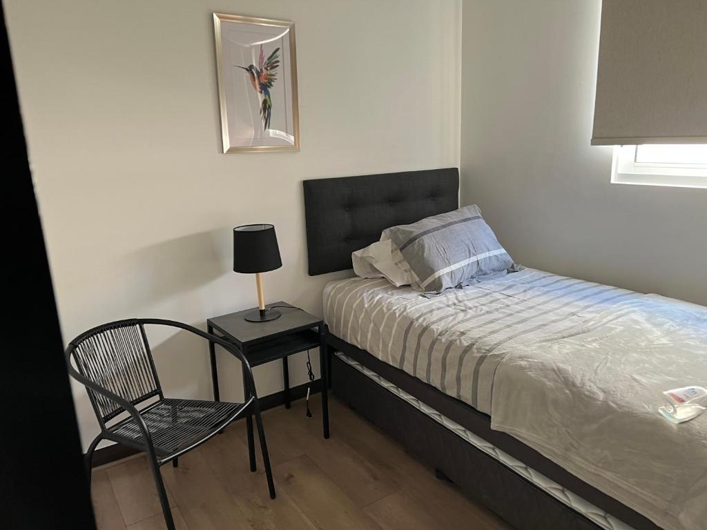 圣地亚哥Espectacular depto Moderno 22的一间小卧室,配有一张床和一把椅子