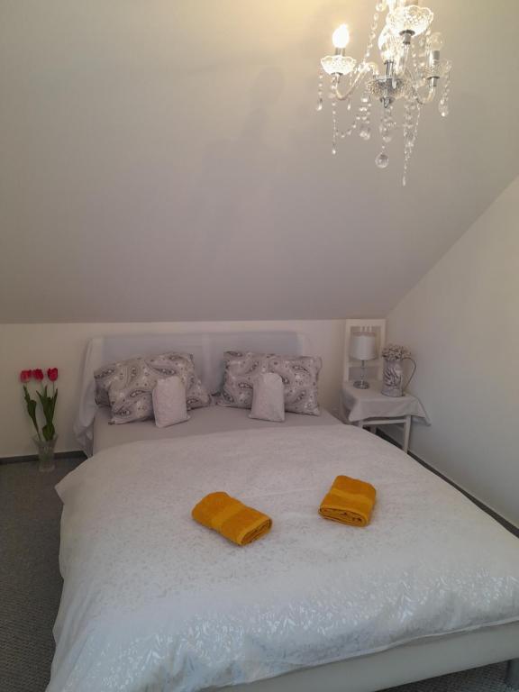 ÚpicePod skálou, Mánesova 646的卧室配有白色床和2条黄色毛巾