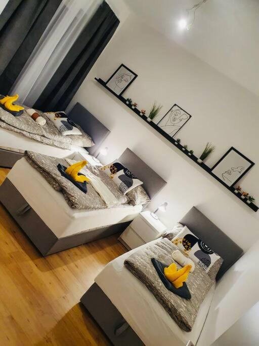 林茨Leon 3 wunderschönes neues Apartment的客房内的两张床享有高空美景