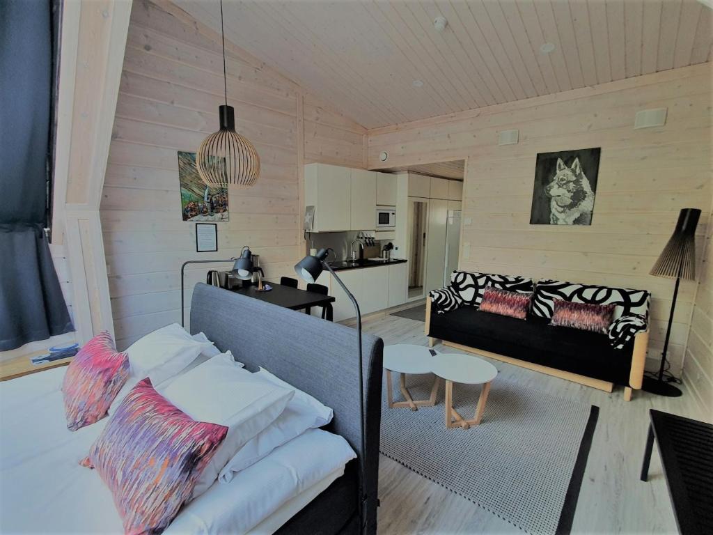 普哈圣山皮哈冰屋度假村的带沙发的客厅和厨房
