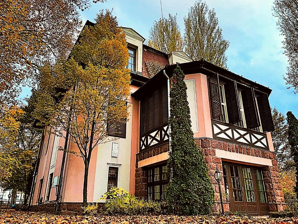 巴拉顿城堡Party Villa Holiday Rent Balatonfoldvar的前面有一棵树的大砖房子