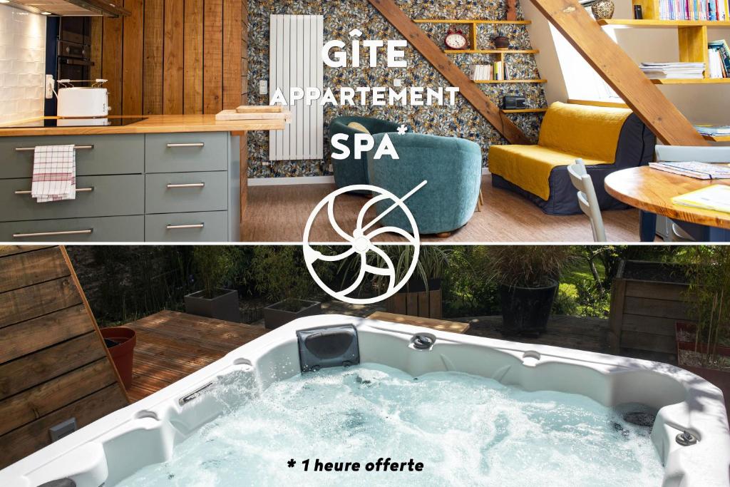 莫尔莱Ty Puns - Gîte écoresponsable dans un espace verdoyant en centre-ville的厨房里的热水浴缸和礼品公寓Spa标志