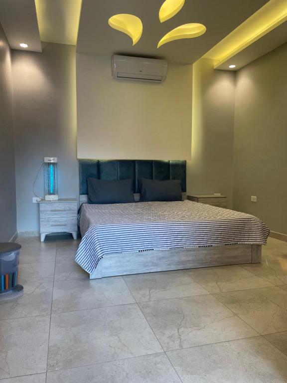 Ash ShāghūrVilla Jana chalet - Private Villa - Dead Sea - Jordan的一间卧室设有一张带天花板的大床