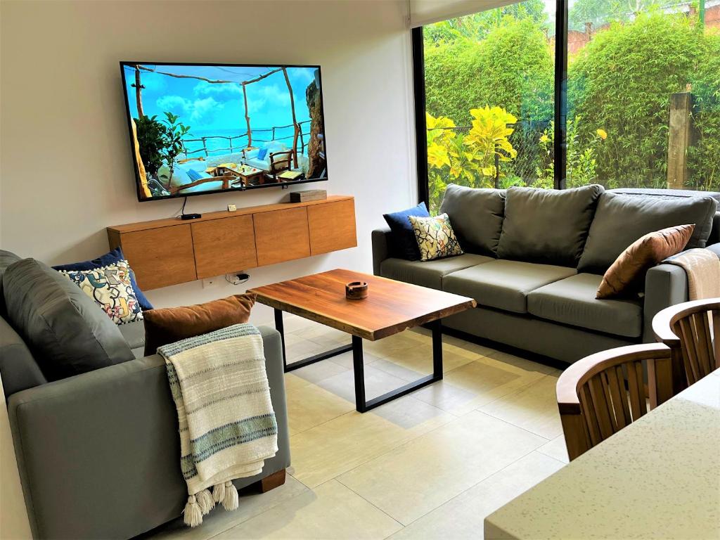 雅科New! A little piece of Pura Vida - Casa Yara的带沙发和电视的客厅