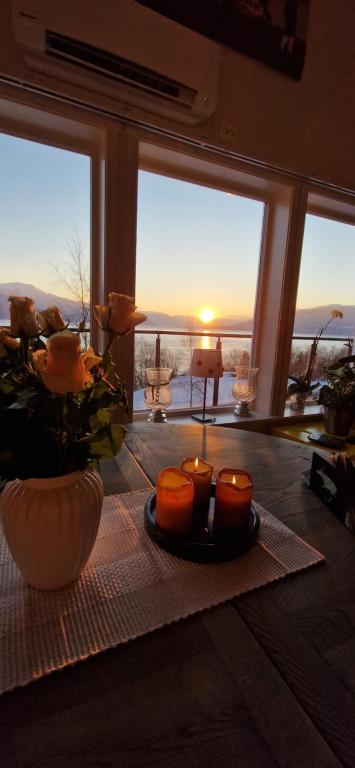 巴里斯川Frydenlund的一张桌子上放着蜡烛和鲜花,享有美景