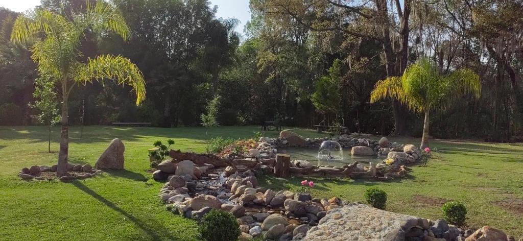 瓦斯卡坎波CABAÑAS LOS LAURELES的一群羊在公园里,公园里有一个喷泉