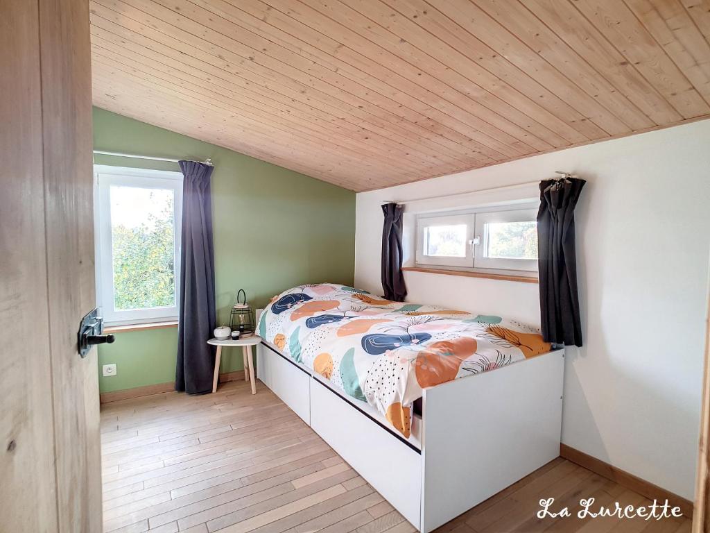 力宾Holiday home le Lurçon et la Lurcette的一间卧室设有一张床和两个窗户。