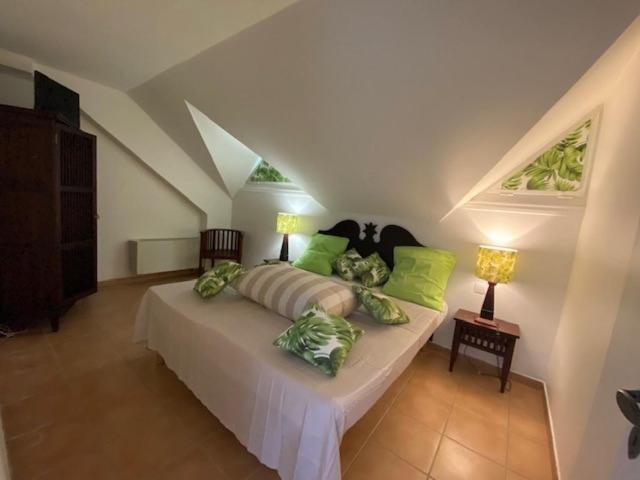 圣安尼Ocean dream的一间卧室配有一张带绿色枕头的床。