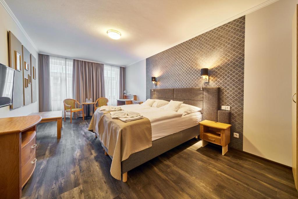 特鲁特诺夫Hotel Adam Trutnov的酒店客房带一张床、一张桌子和椅子