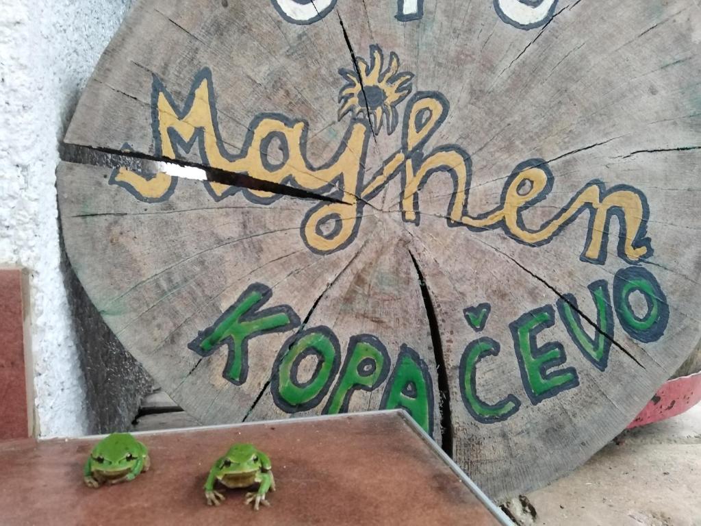 KopačevoB&B Majhen的两个青蛙坐在木牌顶上