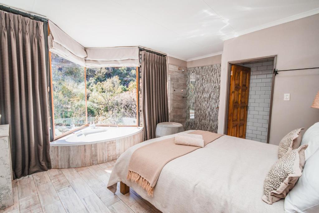 帕雷斯Thabela Thabeng的卧室配有床、浴缸和窗户。