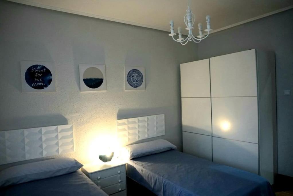 巴拉卡Apartamento centro Barakaldo BEC的一间卧室配有两张床和吊灯。