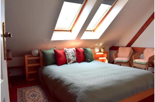 布拉格Old Town Konviktská - Bohemian Residence的一间带一张床铺的卧室,位于带天窗的房间