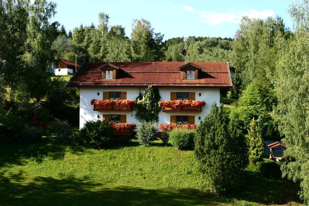 弗劳埃瑙Ferienwohnungen Haus "Wildschütz"的院子里有红色花的白色房子