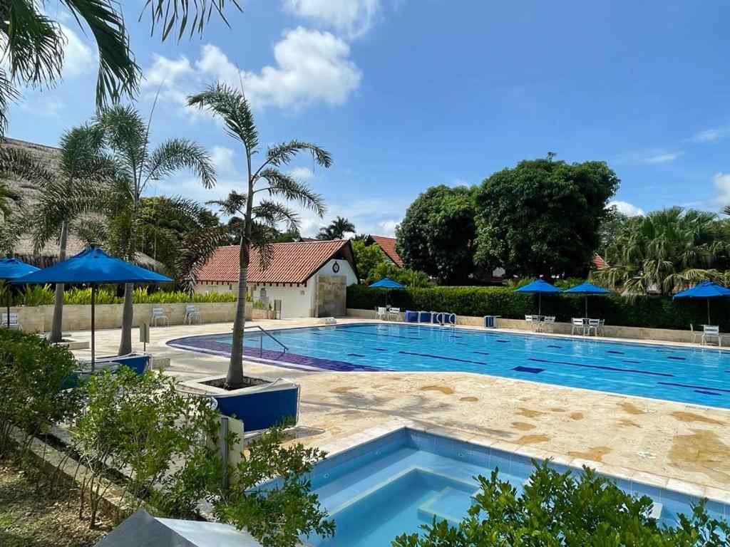 圣菲德安蒂奥基亚Cabaña en santafe de Antioquia的一个带棕榈树和蓝色遮阳伞的游泳池