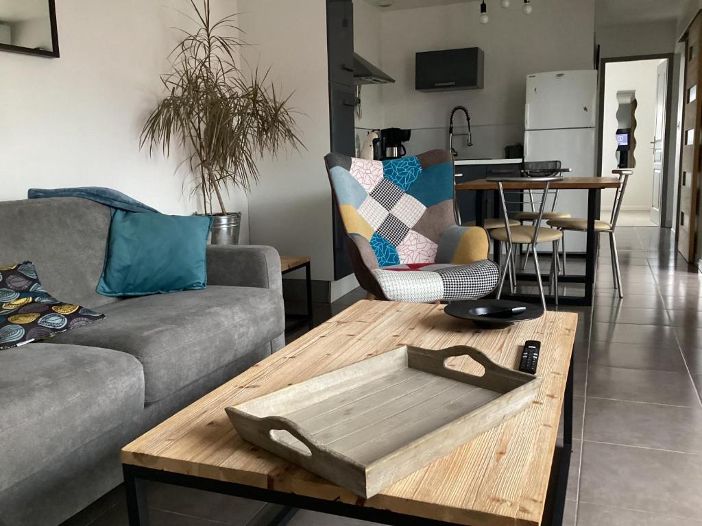 拉罗谢尔Joli appartement 50 m2 classé 3 etoiles avec terrasse et jardin的带沙发和咖啡桌的客厅