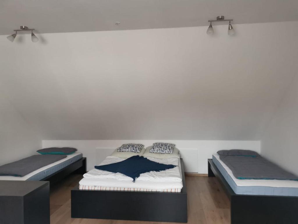 希尔德斯海姆Messe Apartment BIN的两张床铺位于带墙壁的房间