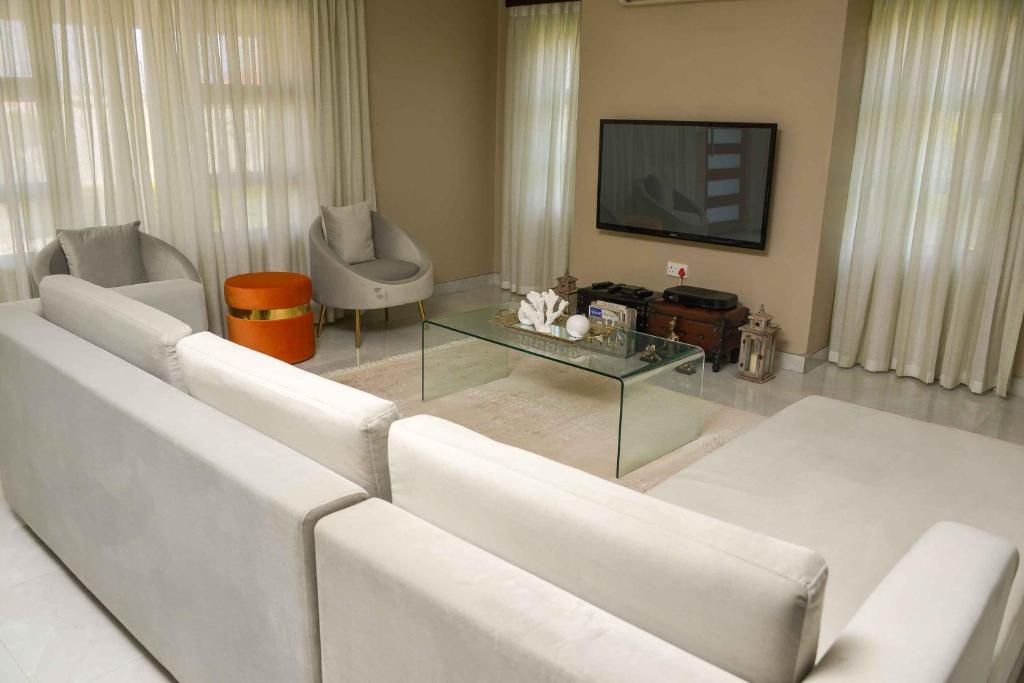 哈博罗内Immaculate Villa的客厅配有白色沙发和电视