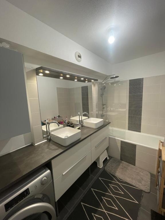 斯特拉斯堡Chambre chez l’habitant à Strasbourg的一间带两个盥洗盆和大镜子的浴室