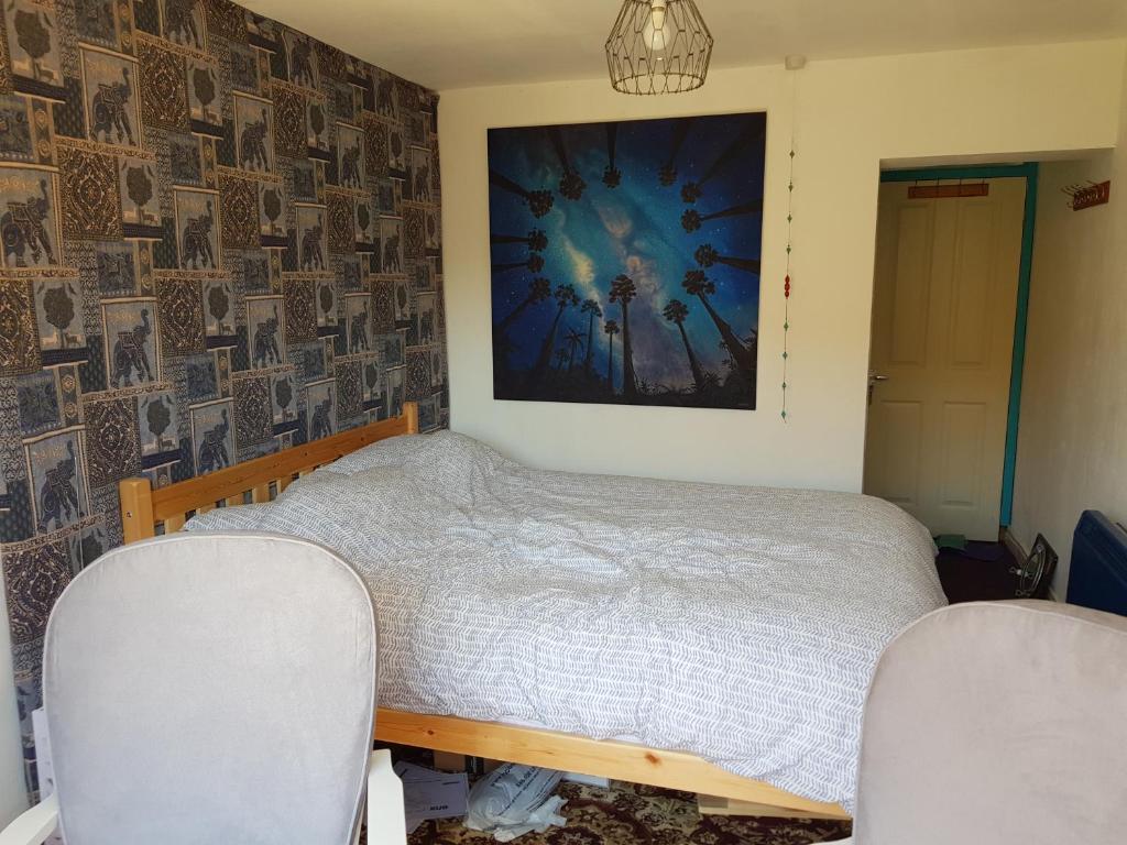埃克斯茅斯Garden room的一间卧室配有一张床和两把椅子