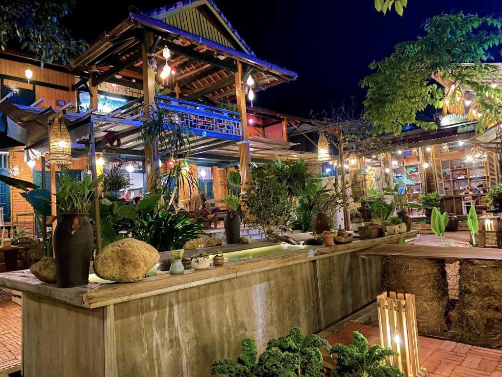 木州县Thênh Thang Home & Cafe的一间拥有许多植物和灯光的餐厅