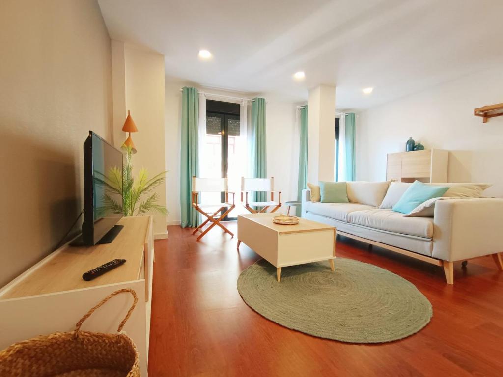 阿尔么丽亚Expoholidays - Apartamento Rueda Lopez (7ºB)的带沙发和电视的客厅