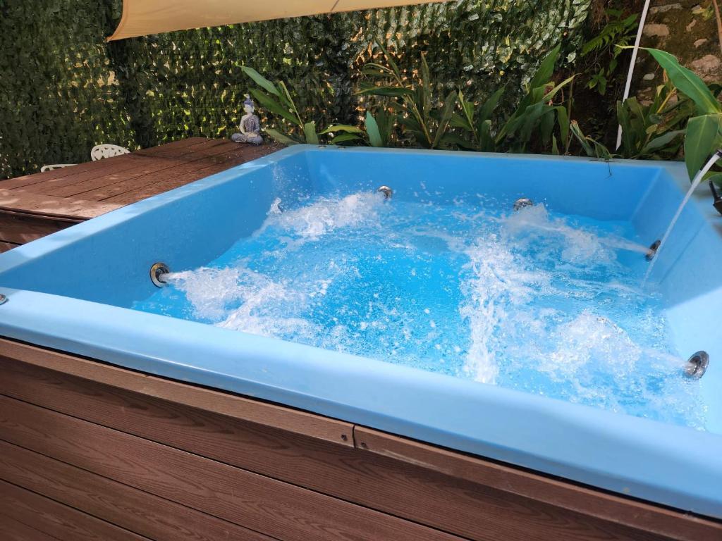 Arroyo FríoChalet los Pinos Constanza的蓝色的浴缸里放着三个海豚