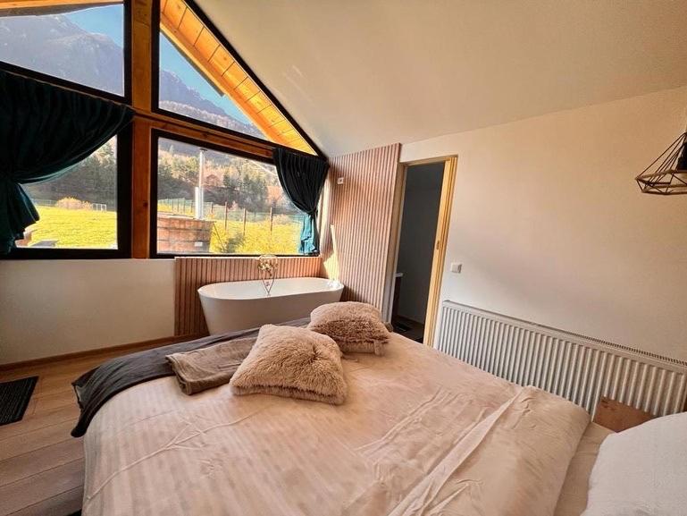泽尔内什蒂View Piatra Craiului的一间卧室配有一张大床、一个浴缸和一个窗户