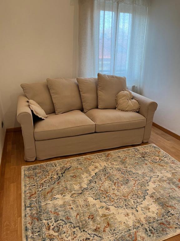 维亚雷焦Frida的客厅里一张棕色的沙发,铺着地毯