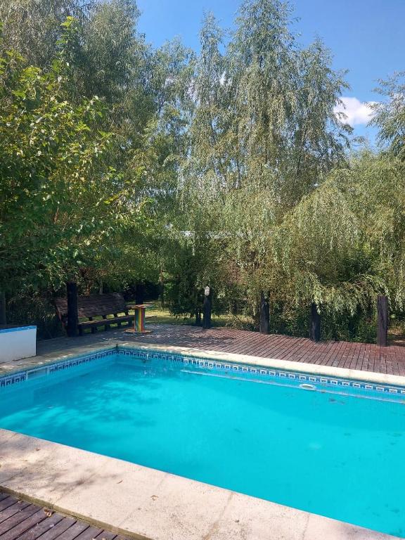 蒂格雷ComplejoGovinda的一座种植了树木的庭院里的大型蓝色游泳池