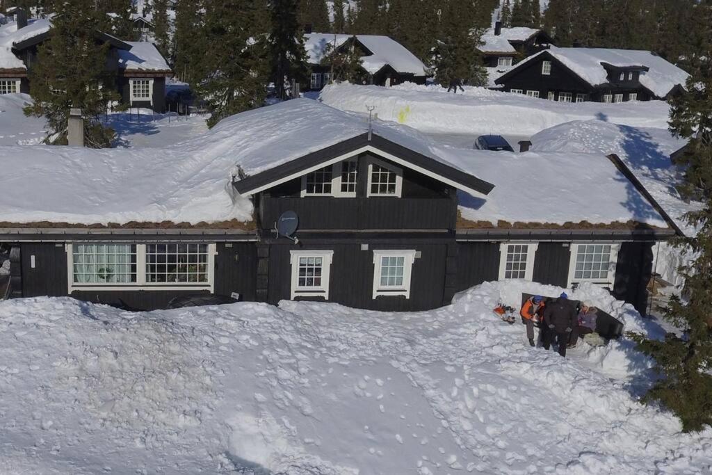 斯朱森Stor familiehytte på Småsætra, Sjusjøen的雪覆盖的房子