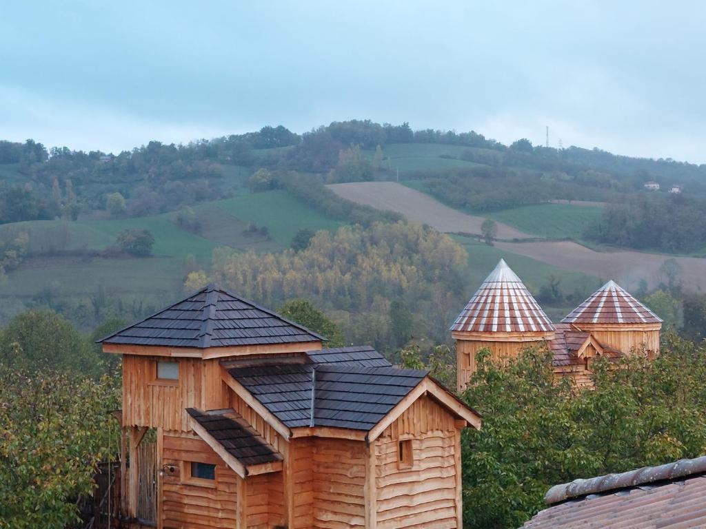 鲁瓦扬地区圣让Roulottes au pied du Vercors的一群木房子,坐在山顶上