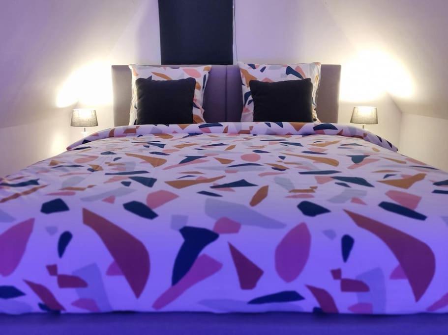 莫尔塞姆Très Bel appart charmant 85m2 parking gratuit的一张带紫色棉被和枕头的大床