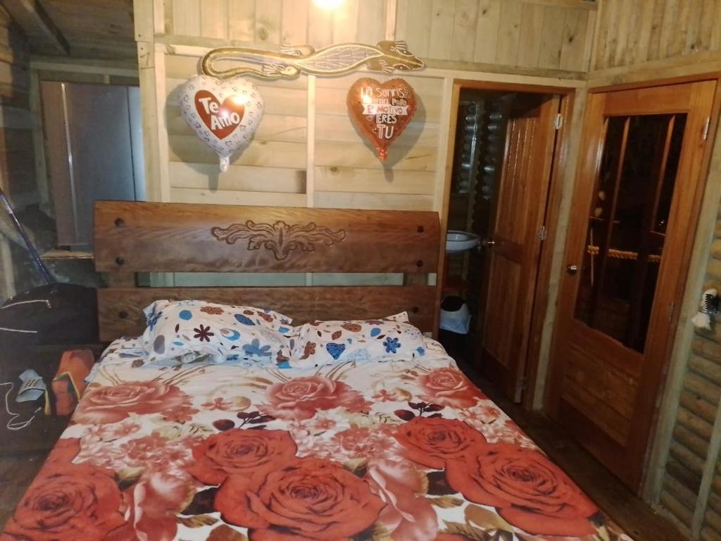 瓜杜阿斯la casita del arbol guaduas cundi.的卧室配有一张挂着玫瑰和红心的床铺。
