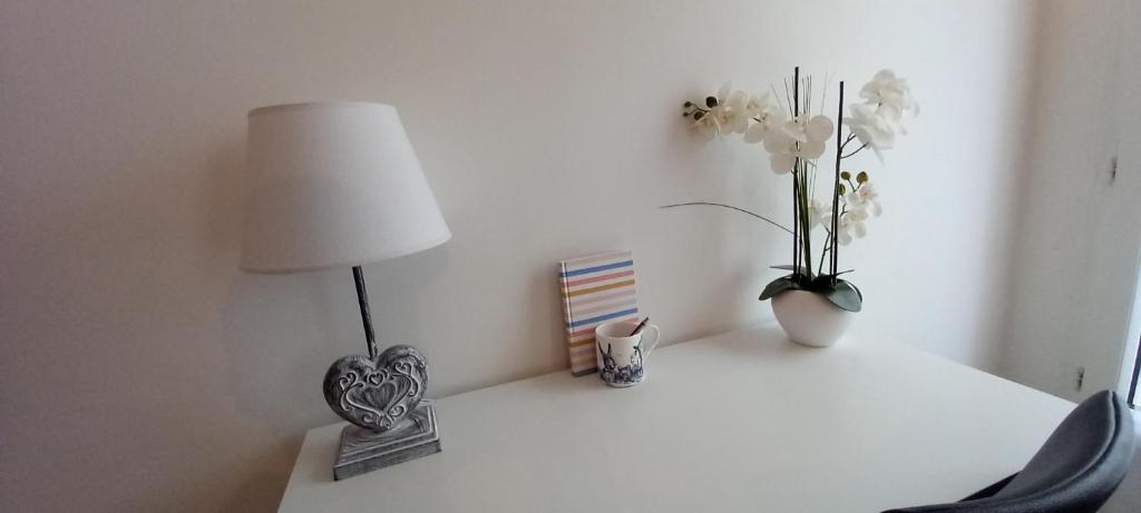布西圣乔治Studio Meublé的一张带灯和鲜花的白色桌子