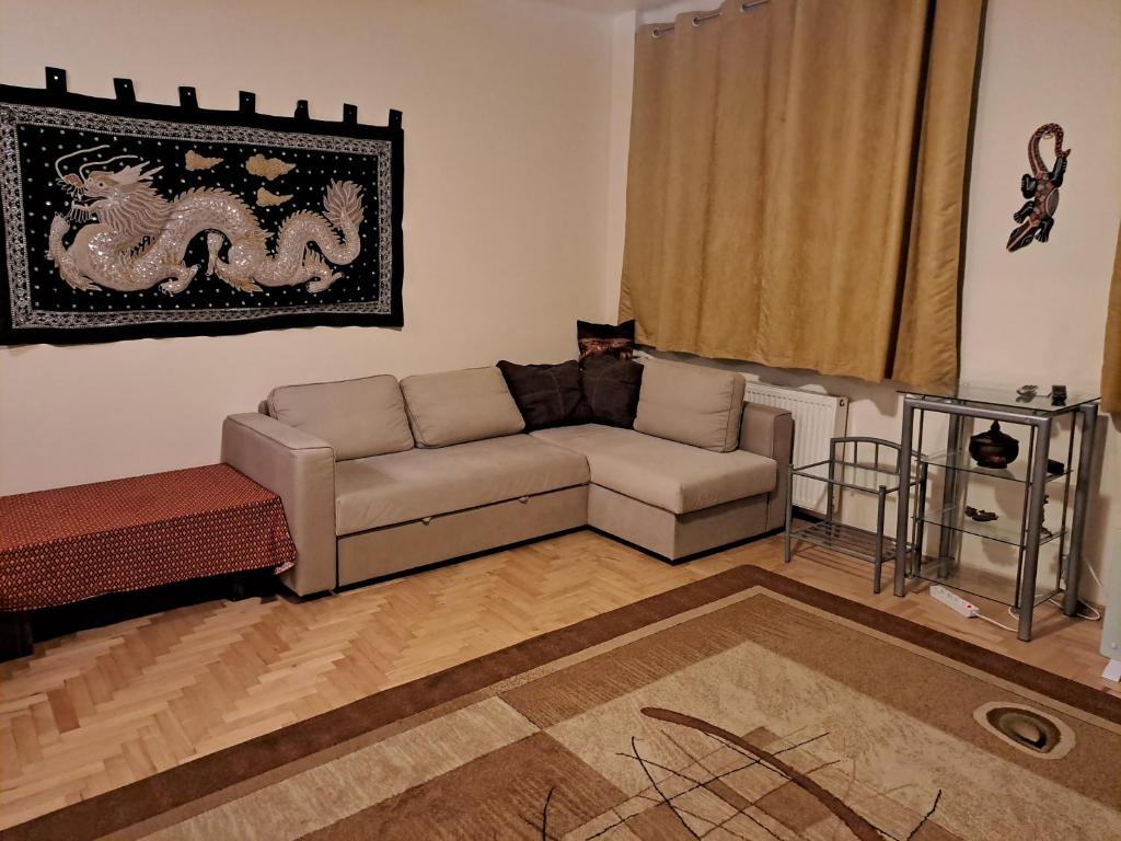 斯凯尔涅维采Villa Kasztanowa的带沙发和地毯的客厅