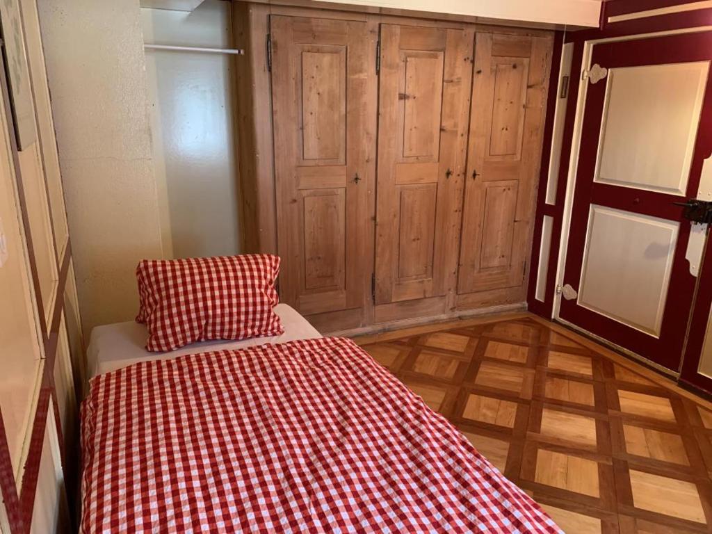 HätzingenRevier Hazzo's Biasca的一间设有一张床铺的房间,床上铺有红白的毯子