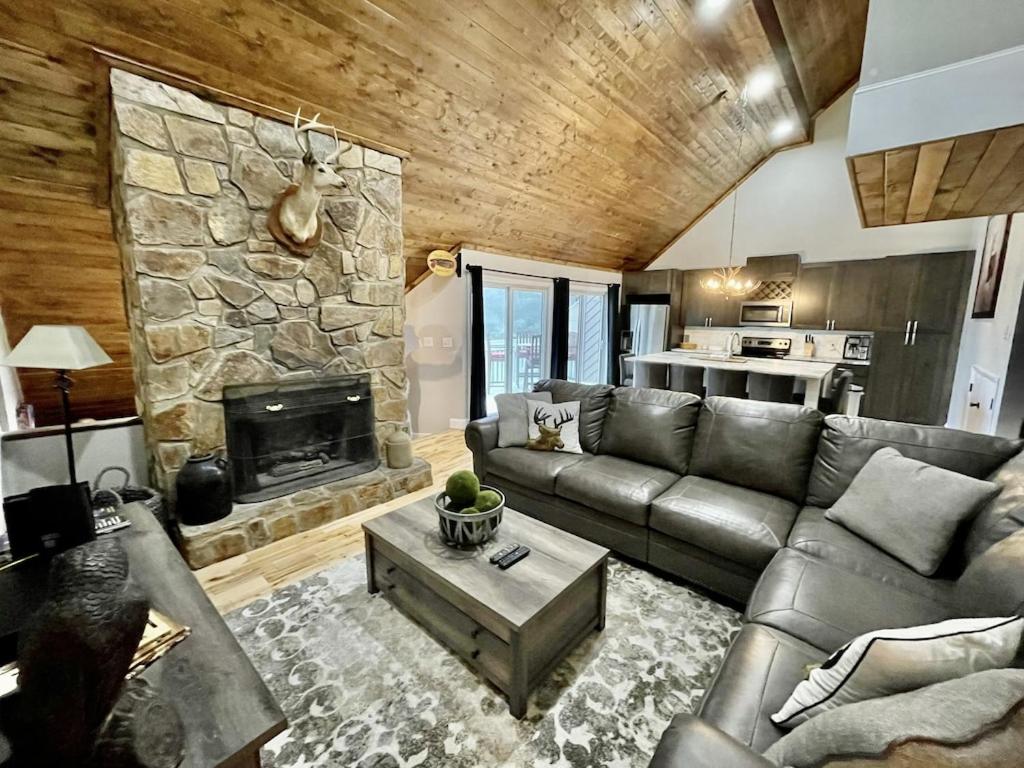榉木山Apres’ Chalet的带沙发和石制壁炉的客厅