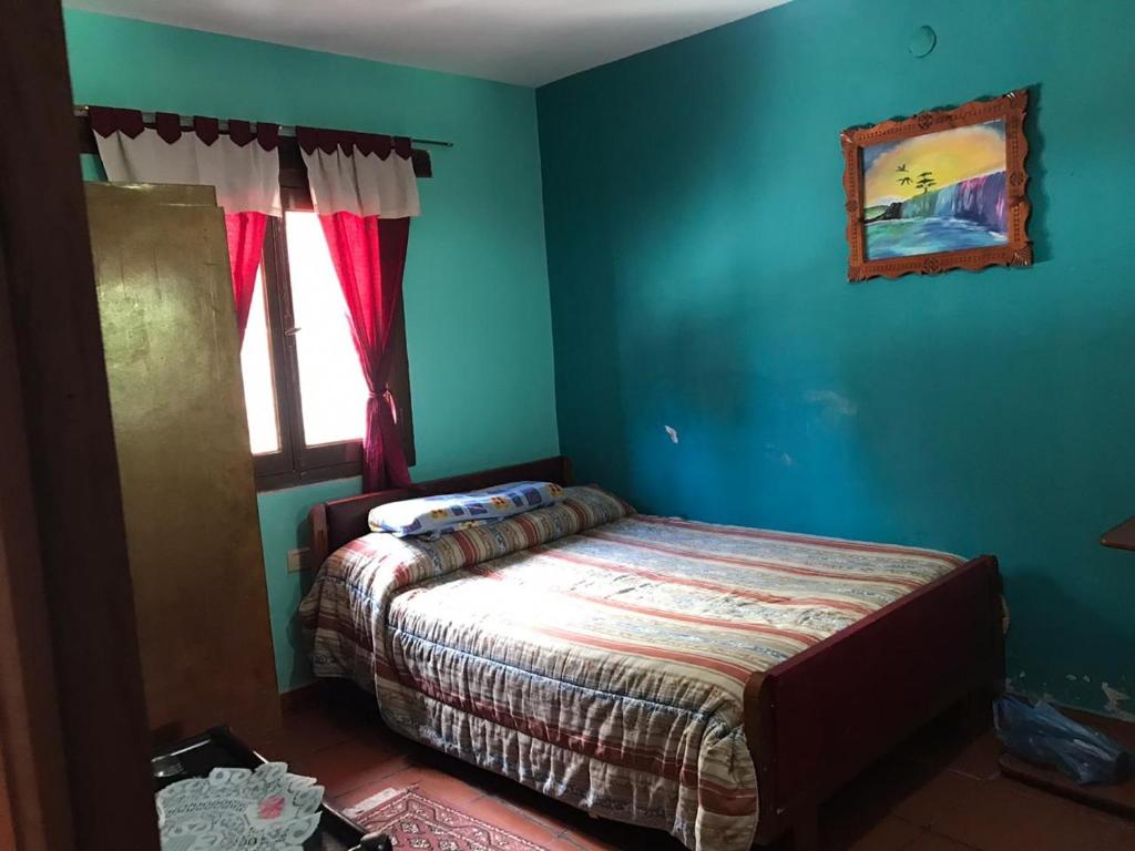 圣米格尔·德·图库玛El Descanso Housse II的一间卧室设有蓝色的墙壁和一张带窗户的床