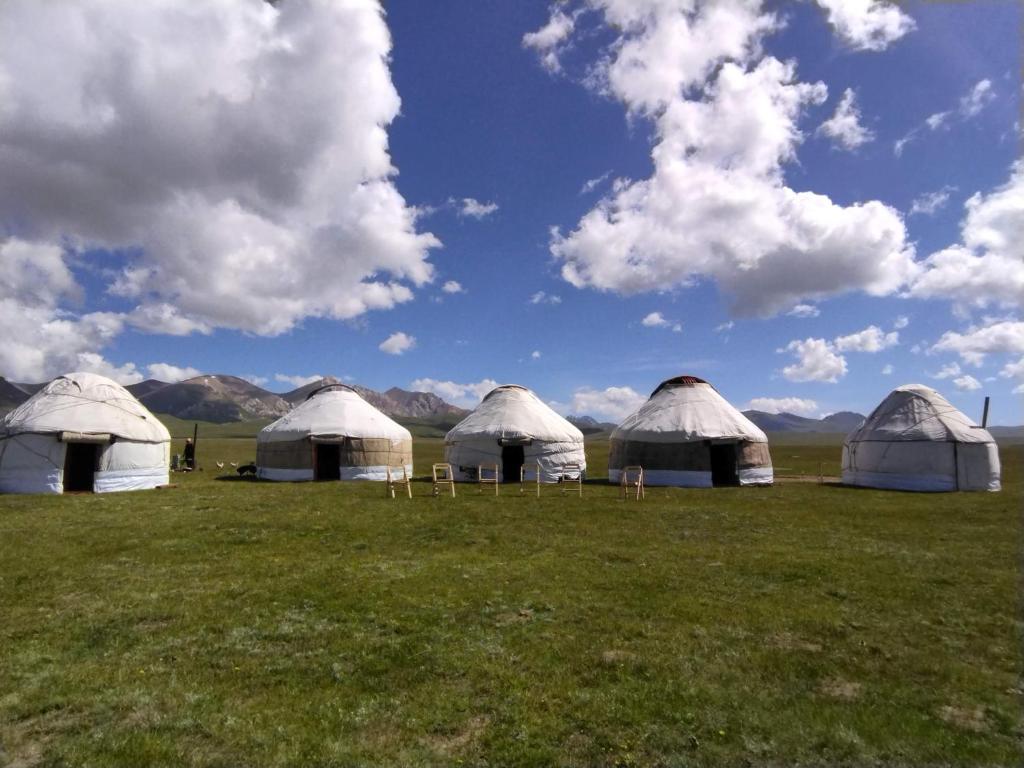 科奇科尔Son-Kul Northen yurt camp的山地的一组帐篷