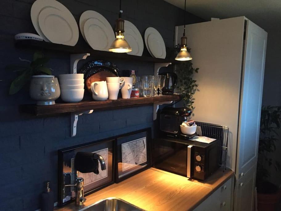 斯德哥尔摩Stockholms home away from home的厨房配有带微波炉和盘子的柜台