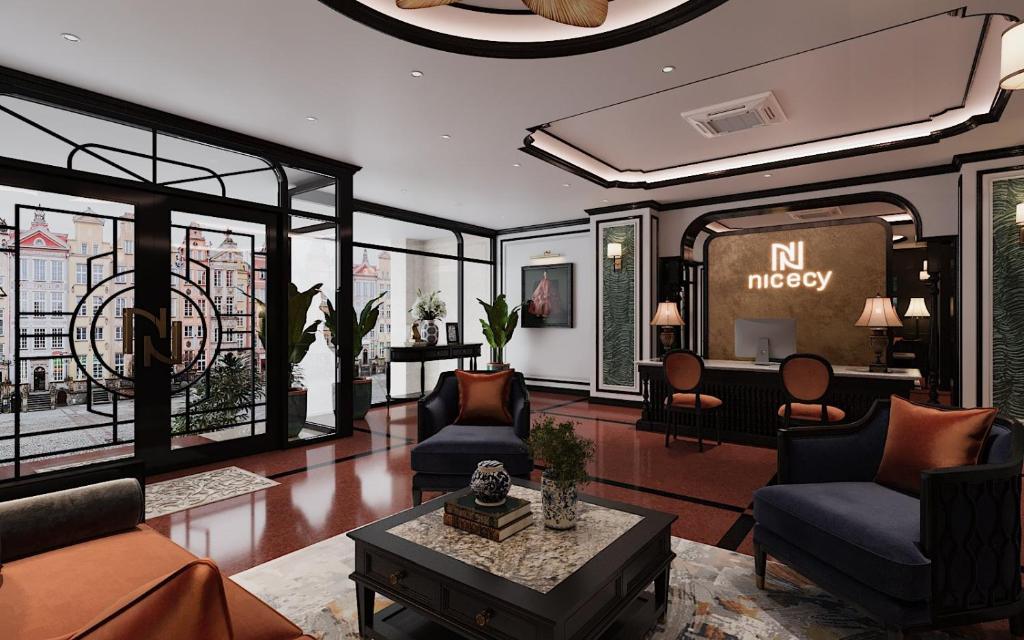 胡志明市Nicecy Boutique Hotel的客厅配有家具和镜子