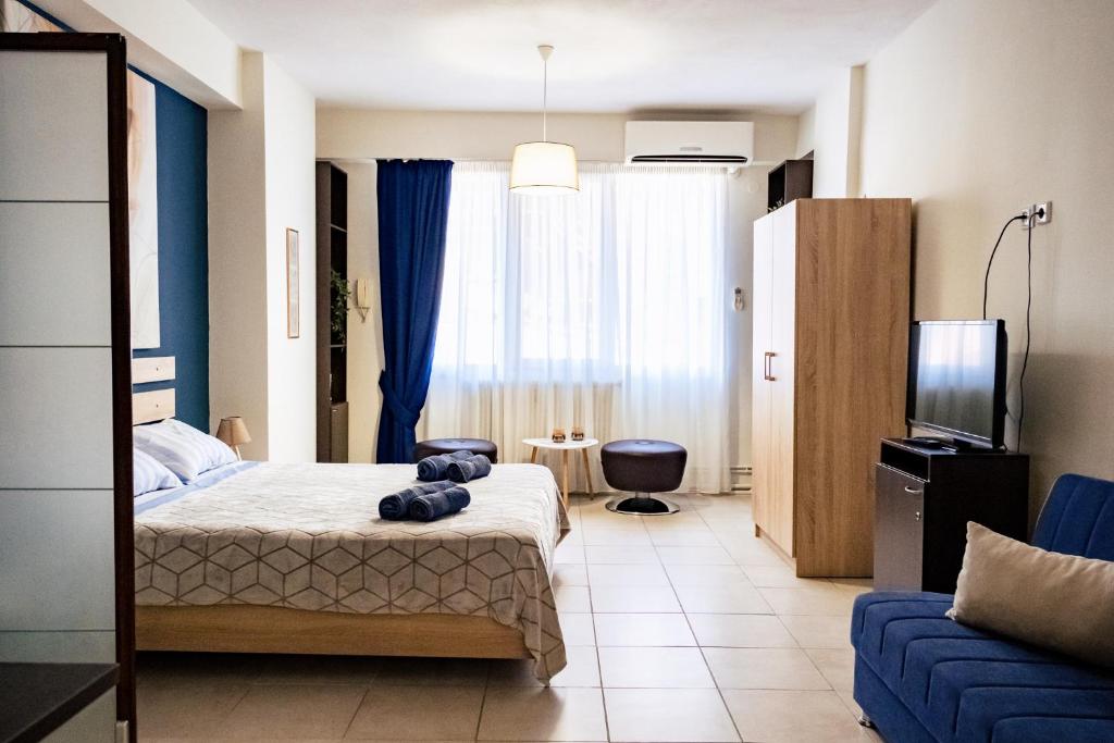 科莫蒂尼PARASIOU STUDIOS 107 διαμερίσματα στο κέντρο της πόλης的一间卧室配有一张床、一台电视和一张沙发