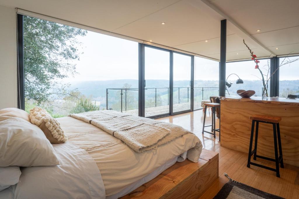 VilcúnSamadhi Eco Resort的一间卧室配有一张床和一张书桌,享有美景