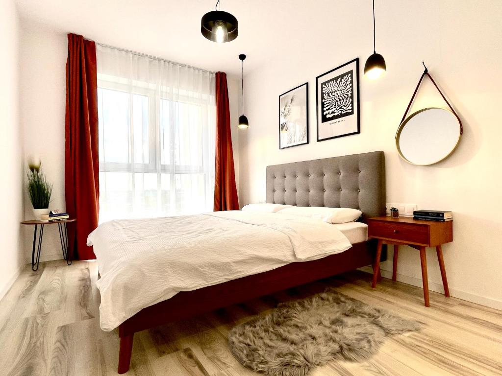蒂米什瓦拉Sunset View Apartment的一间卧室设有一张大床和一个窗户。