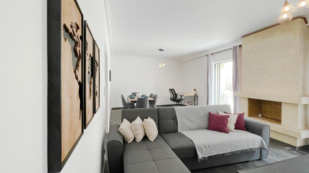 雅典Filis Sunny 80sqm apt in Viktoria的客厅配有带枕头的灰色沙发