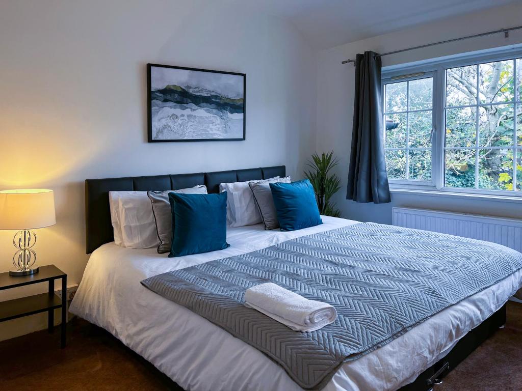 CranfordMaberic Housing的一间卧室配有一张带蓝色枕头的大床